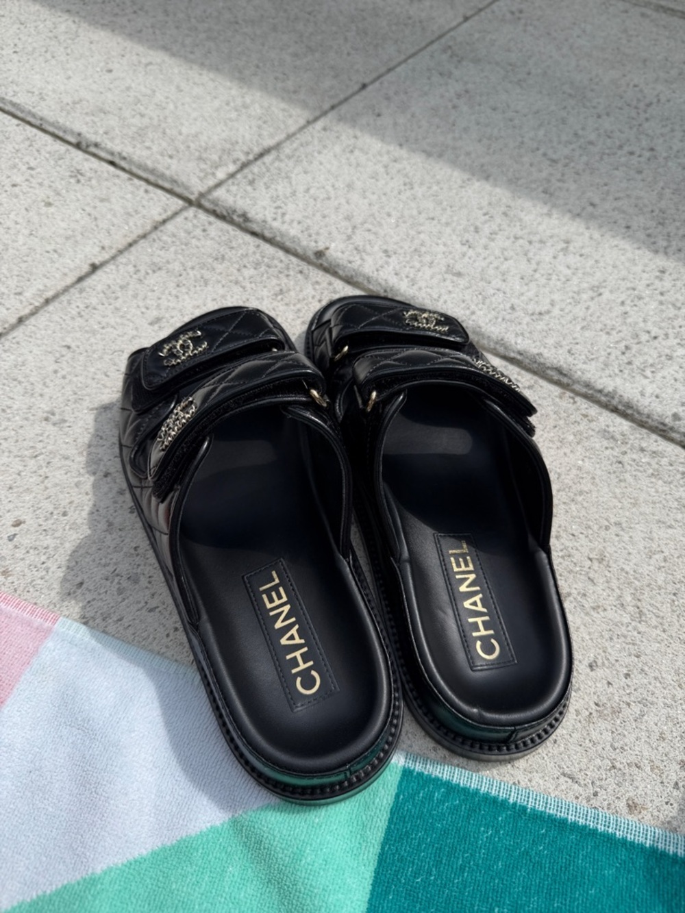 Authentic CHANEL Black Quilted Double-Strap Slide Sandals with Gold CC - Picture 3 of 7